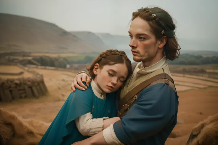 1135, England. scene with an otherworldly outdoors construction site, (((36-year-old Sam Heughan))), hugging a little girl, look of relief, ((((poor tunic from the 12th century)))), ((Hairstyle of the 12th century)), ((Wes Anderson cinematic style)), color...