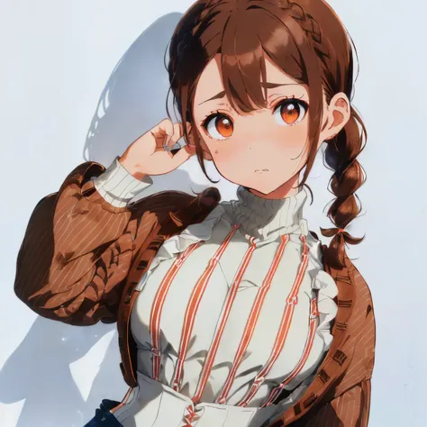 ((Brown hair)),((Braided shorthair)),((pigtails)),((With bangs)),((Brown eyes)),((Sorry pose with hands in front of face)),(Apologies),(Troubled face),Slight red tide,((Long sleeve shirt with multiple layers of gathers)),((blue and white striped shirt)),((...