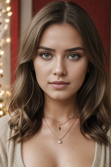 1girl 16 year old, solo, long hair, big breasts, looking at viewer, blonde hair, brown eyes, jewelry, full body, necklace, sweater, lips, nose, flirting with camera, sexy, club, sexy perfect anatomy, perfect symmetry, soft lights, santa outfit, christmas, ...