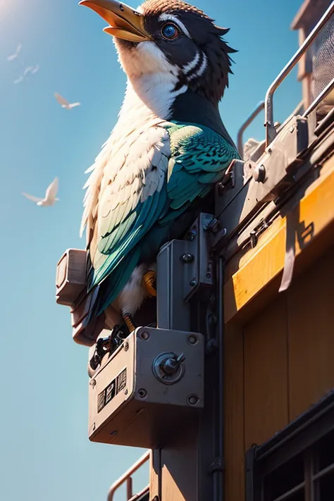 (Best Quality, hight resolution, Ultra-detailed), [(Birds on metal machines),Complex and complex machine structures.vibrant and vivid colors,Metallic texture and glossy surface],blue-sky,baiyun,Background with。