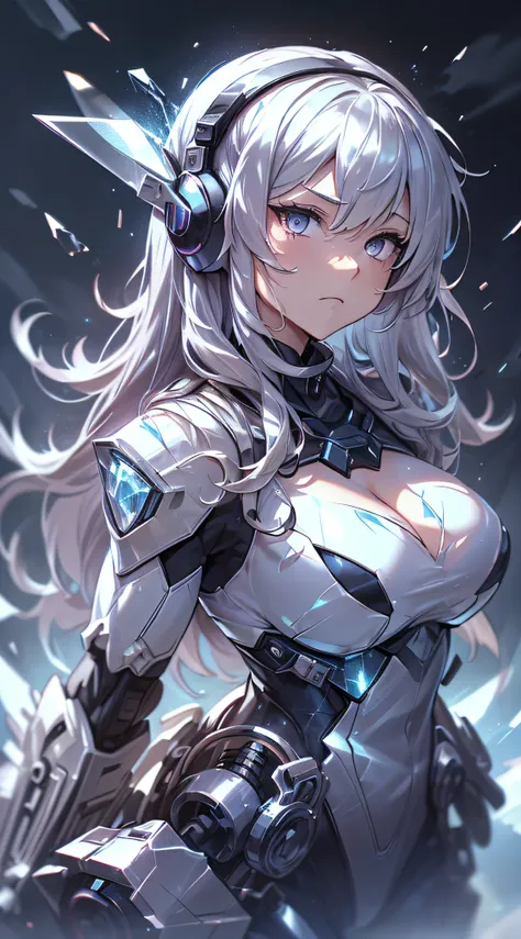 top-quality、Top image quality、​masterpiece、girl with((black and white mecha suit、Glowing mech suit、18year old、teen ager、cute little、Best Bust、big bast,Beautiful shining purple eyes、Breasts wide open, Messy silver hair、Longhaire、A slender,Large valleys、bell...