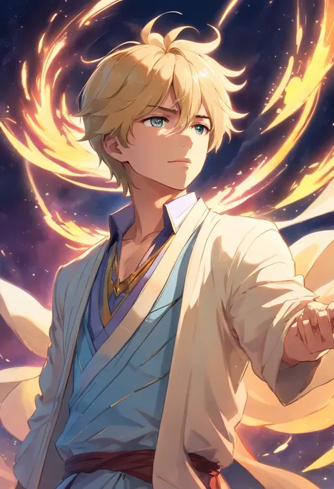 Handsome blond prince dressed like a god in gorgeous clothes