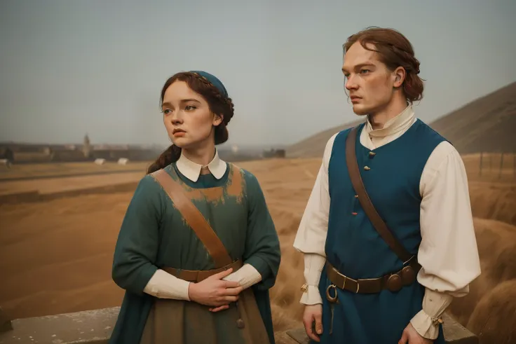 1135, England. scene with an otherworldly outdoors construction site, (((36-year-old Sam Heughan))), hugging a little 7-year-old girl, look of relief, ((((poor tunic from the 12th century)))), ((Hairstyle of the 12th century)), ((Wes Anderson cinematic sty...