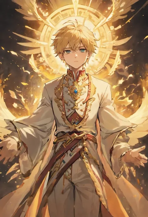 Handsome blond prince dressed like a god in gorgeous clothes