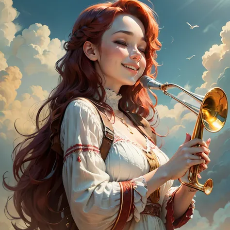 red-hair woman above the clouds, close eyes and smiling, holding an trumpet in her hands --auto --s2