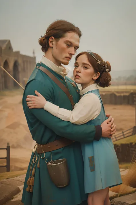 1135, England. scene with an otherworldly outdoors construction site, (((36-year-old Sam Heughan))), hugging a little girl, look of relief, ((((poor tunic from the 12th century)))), ((Hairstyle of the 12th century)), ((Wes Anderson cinematic style)), color...