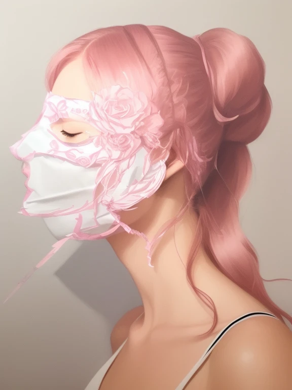 One wearing a rose mask，Drawing of woman with high ponytail, Detailed face with mask,, Side contour centered portrait, bust, Delicate female face