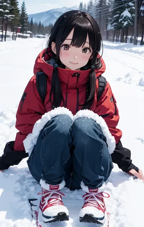 masutepiece, Best Quality, hight resolution,Anime girl sitting on a snowboard in the snow with trees in the background, In the snow, in snow, (Snow), at winter, yuruyuri, akiko takase, winter snow, Illustration!, snowy day, Inspired by Miwa Komatsu, lain i...