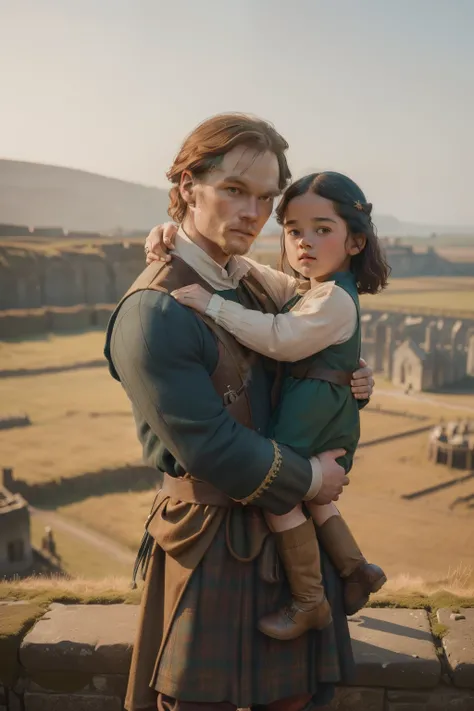 1135, England. scene with an otherworldly outdoors construction site, (((36-year-old Sam Heughan))), hugging a little 7-year-old girl, look of relief, ((((poor tunic from the 12th century)))), ((Hairstyle of the 12th century)), ((Wes Anderson cinematic sty...