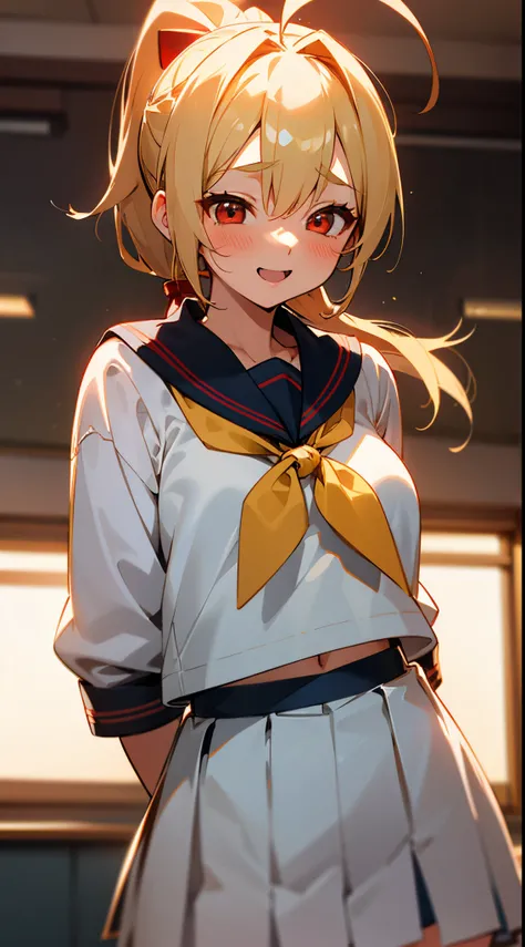 1 girl, Blonde ponytail、Ahoge、big round red eyes、small tits, shinny skin、a sailor suit、Pleated miniskirt、Inside the classroom、female students、Evening glow、blurry backround, warm tone, Laugh, happily laughing, Upper body close-up, Anime style, Wallpaper