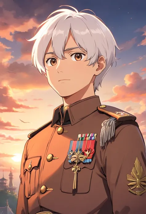 Handsome young man with white hair and brown skin，Senior general in uniform