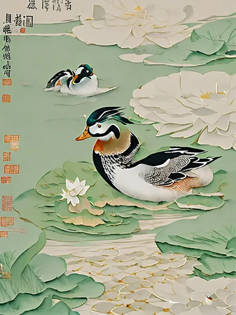 A pair of mandarin ducks playing in the lotus pond，Surrounded by elegant Morandi-colored lotus flowers，Vision，detail-rich，ink wash style，Chinese painting style