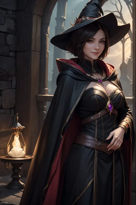 8K,A witch in a hat and cloak poses for a smiling photo, Short bob hair with brown hair,red and black costume,Fantasy Art Style, Stunning character art, fantasy concept art portrait, 4K fantasy art, portrait of a female mage, epic fantasy art style, epic f...