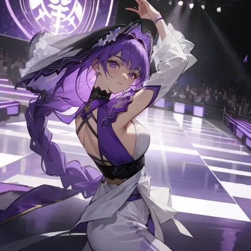 (Top resolution),1womanl,Anime, Purple eyes,Delicate eyes,Purple hair,big bob hair,1 braid,dancer,Harlem pants,purple face veil,The background is the stage,dancing on stage under the spotlight,the original god,Raiden General