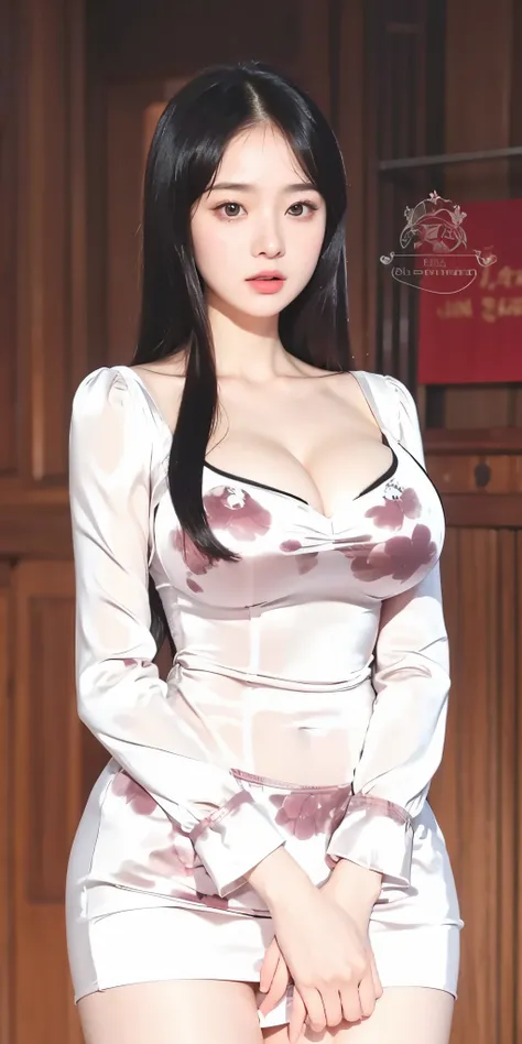 1girl,huge breast, black hair, high quality, ultra detailed, masterpiece, realistic,Surprised