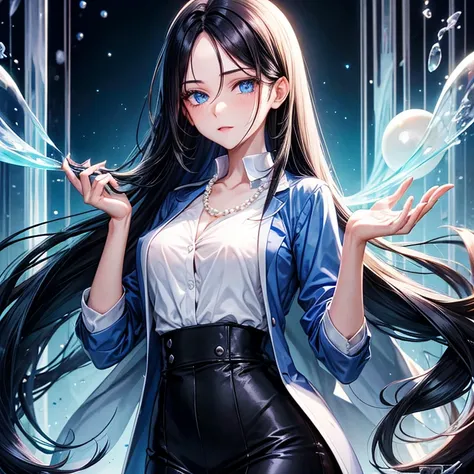 Long straight black hair, blue eyes, lab coat, beautiful woman, pearl necklace, blue shirt