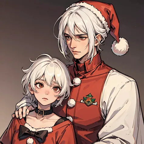 a man with santa clothing with white hair and brown eyes with a neutral tired expression