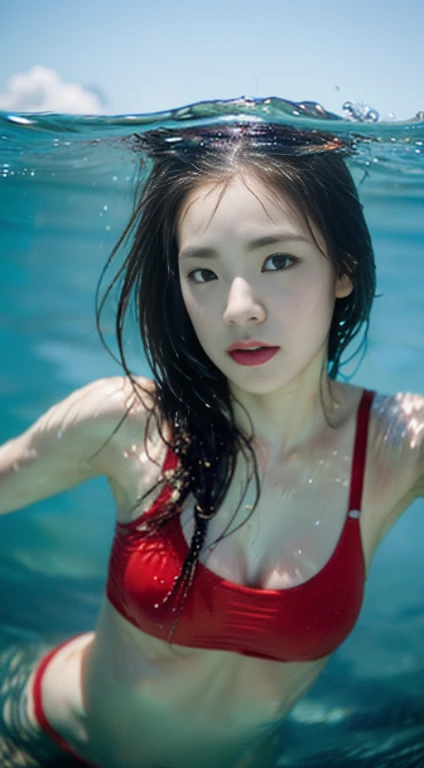 (10, RAW photo, photorealistic portrait: 1.25), 1girls, (Half of the body plays in the water..: 1.5), swimming, (True: 1.4), Underwater Photography, Conservative swimsuit