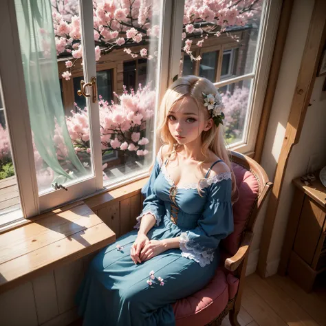 A cute Russian woman in a blue dress is sitting in an armchair by the window with a wooden frame and a layout on the glass and looks out the window into the hall, sakura is blooming in the garden? photorealism --auto --s2