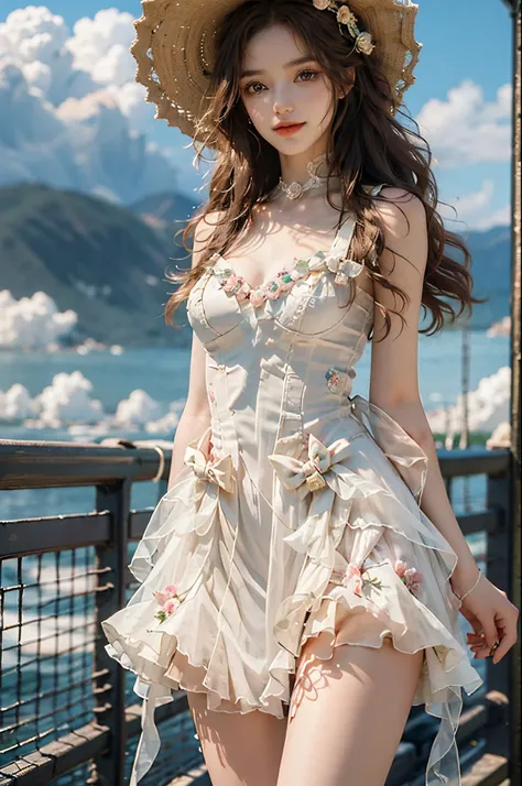 Romantic Rosette dress2,fashi-girl, ((cowboy shot)), (best quality, masterpiece:1.2), ultra-detailed, (realistic:1.37), beautiful, youthful, glamorous model with (detailed eyes, detailed lips, extremely detailed eyes),   in a knee shot, with white and flor...