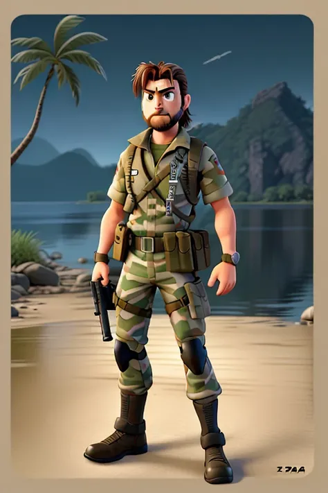 pixar movie poster style, Contains the letters Metal Solid 3、Metal Gear Solid characters、naked snake、man with assault rifle、bandana、Eye patch on the right eye、thin beard、tiger stripe camouflage clothing、parachute harness、1965s、hiding in the jungle、;crocodi...