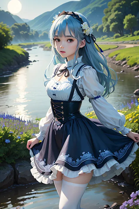 (​masterpiece、top-quality)、Field of blue plants and flowers、light blue hair of medium length,、Warm moonlight、blurred foreground、river bank、Black eyes、frilld、Light Blue Alice Dress、white tights、garterbelts、Face Highlights