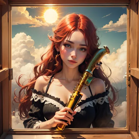 red-hair woman with green eyes, above the clouds, holding an oboe in her hands, sun behind her --auto --s2