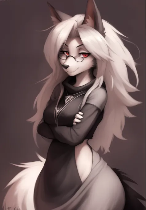 by Zackary911, by Kenket, by Kilinah, by fluff-kevlar, anthro, mommy female loona hellhound, solo, long white hair, red eyes full body, one big tail, dark background. dark priest with balck and red cloack open belly, round glasses, full body concept, reali...