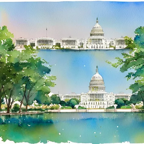 A simple and bright watercolor painting of the Capitol building in Washington DC with emerald green and gold floral designs with Asian influence  and space for text at the top