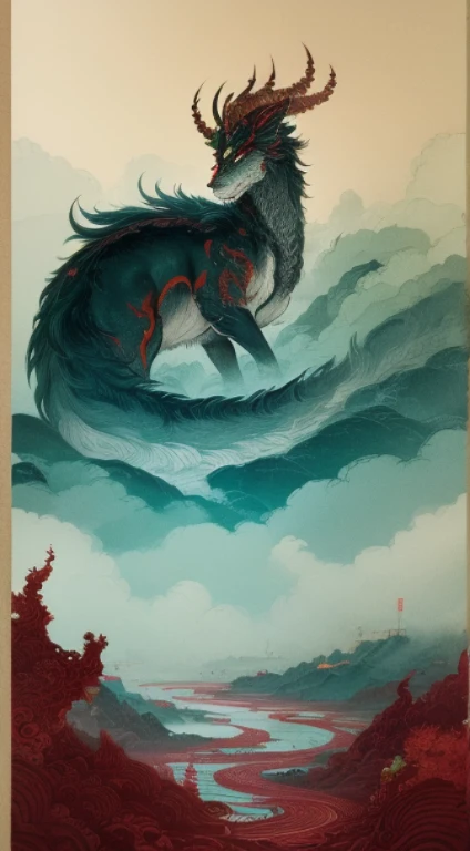 filmposter，mythological creatures，Ink painting and watercolor，Ink painting and watercolor，Chinese mythical beast，Chinese Kirin Illustration, Ancient China, Azuma Kiyohiko, Wu Guanzhong, original-painting-design, game-cg, natural environment, Calm, Emperor,...