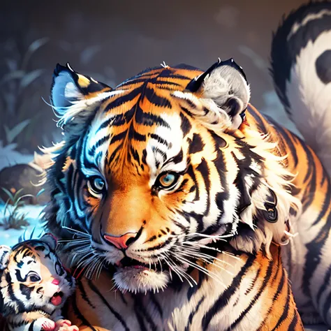 A (((close-up shot))) of a (((playful animated tiger))),bending down towards a (((small, cute baby grey and black fluffy rabbit))), their noses meeting in a whimsically adorable moment, 32k, UHD, very aesthetic, photorealistic , photo, wildlife photography...