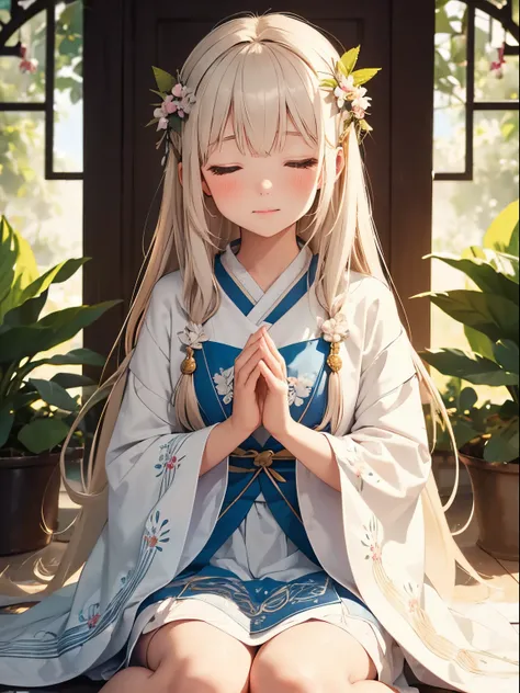 Generate a heartwarming image of a young girl with a healing gift, radiating kindness and compassion. Envision a serene scene where the healer is surrounded by a gentle, soothing aura of light. Picture the character in gentle and flowing attire, adorned wi...