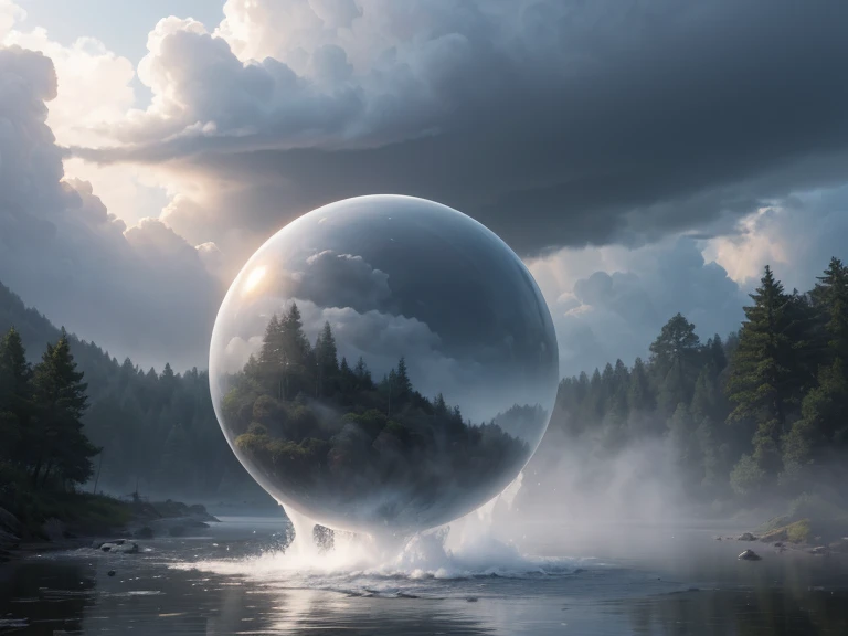 "(best quality,4k,highres,masterpiece:1.2),ultra-detailed,realistic,photorealistic:1.37,portraits,landscape,illustration,giant pure water sphere floating in mid-air,beating water sphere,reflecting sunlight,misty forest,cloud sea,thunderclouds,refreshing ra...