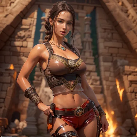 8K ultra-realistic, high resolution masterpiece , highly detailed artwork , depicting a stunningly busty beautiful and alluring young Lara Croft in her signature attire , sexy kaki shorts and a blue crop top with a deep neckline , hiking boots,thigh gun ho...