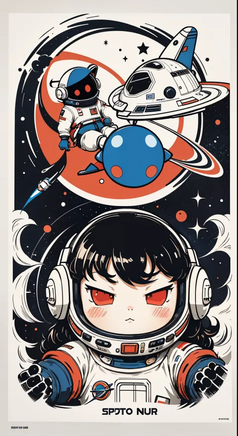 space poster design。spaceship。the astronaut。cartoon vector style, black red blue。change， flat anime style, cartoon minimalism, f...