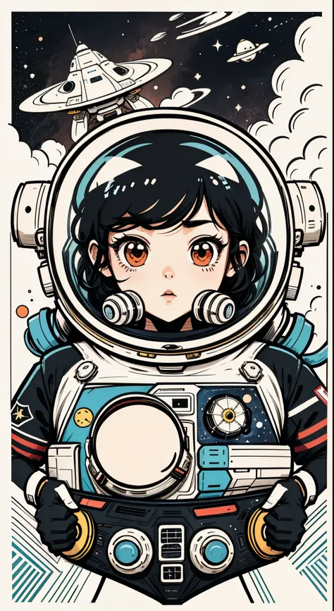 space poster design。spaceship。the astronaut。cartoon vector style, black red blue。change， flat anime style, cartoon minimalism, f...