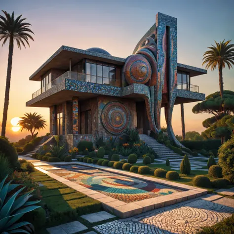 Tribal style villa, external garden, Mosaic tribal sculpture, Stone road, the sunset, Surrealism, Futurism, Hyperrealism, Art Deco, Conceptual art, Cubist Futurism, chiaroscuro, ray tracing, mosaic art, wide shot, best quality, highres, award winning, mast...