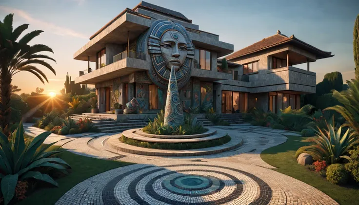 Tribal style villa, external garden, Mosaic tribal sculpture, Stone road, the sunset, Surrealism, Futurism, Hyperrealism, Art Deco, Conceptual art, Cubist Futurism, chiaroscuro, ray tracing, mosaic art, wide shot, best quality, highres, award winning, mast...