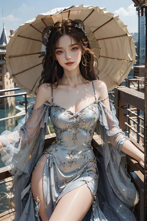 long dress,bare shoulders,fashi-girl, ((cowboy shot)), (best quality, masterpiece:1.2), ultra-detailed, (realistic:1.37), beautiful, youthful, glamorous model with (detailed eyes, detailed lips, extremely detailed eyes),   in a knee shot, with white and fl...