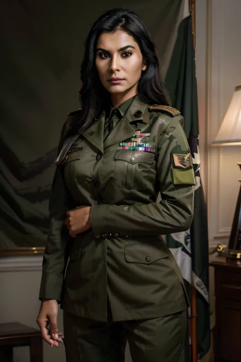 (best quality,4k,8k,highres,masterpiece:1.2),ultra-detailed,(realistic,photorealistic,photo-realistic:1.37),Pakistani MILF military general in uniform,expressive eyes,detailed lips,confident facial expression,dark-toned skin,long black hair,proud posture,s...