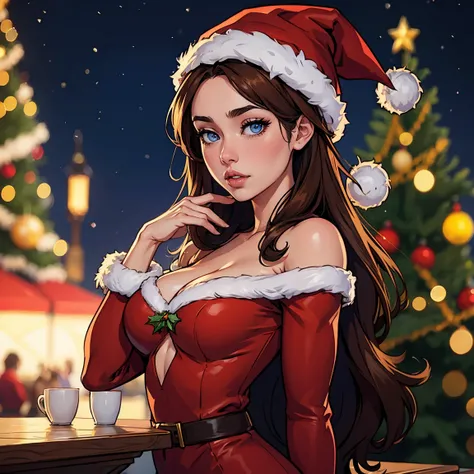 Christmas aesthetic, long brown hair, blue eyes, Christmas dress, Christmas hat, Christmas background,  ana de armas, hair with many details, beautiful, medium breasts, 8k artgerm bokeh, fanart best artstation, render photorealistic girl, art in the style ...