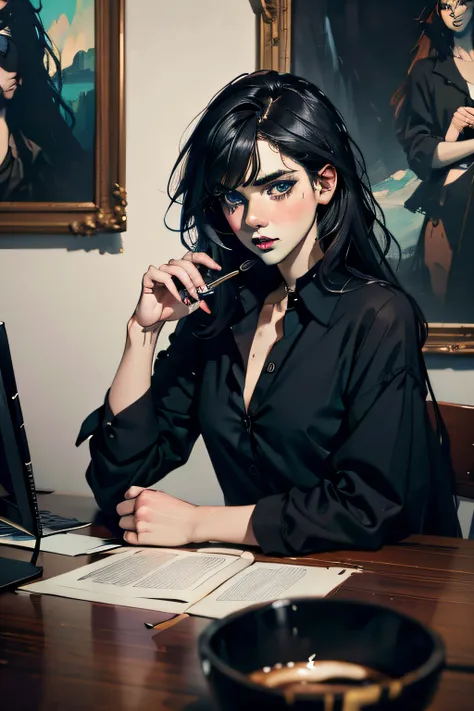 Malcolm Liepke, Beautiful woman with dark hair blue eyeshadow black lipstick, Long messy hair, Painterly, masutepiece, Best Quality, murky、highly contrast、colourfull、saturated, , an artistic pose, Highly detailed, Crisp texture, Cinematic lighting, Solo++,...