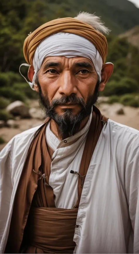 With a beard、A missing man wearing a turban stands in front of the mountain, color photograph portrait 4k, portrait photo of an old man, portrait of monk, 50 mm portrait, one old man, Portrait of an old man, Smart old man, 70mm portrait, Portrait shooting ...