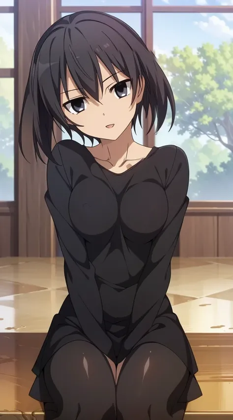 (masterpiece), best quality, expressive eyes, perfect face, kurome , black hair ,short twin ,short hair, black  eyes, medium  breasts, anime art style, official art, slightly head tilt, sexy pose, ((nude )),background modern bedroom on windows open, full b...