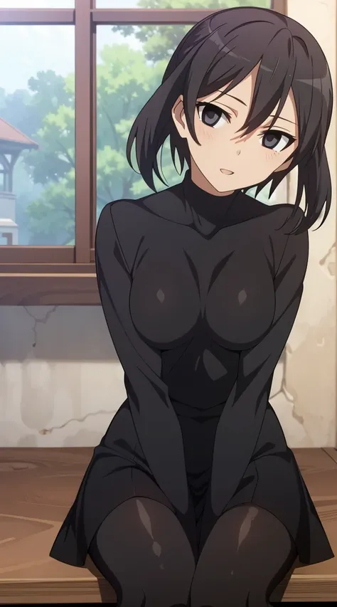 (masterpiece), best quality, expressive eyes, perfect face, kurome , black hair ,short twin ,short hair, black  eyes, medium  breasts, anime art style, official art, slightly head tilt, sexy pose, ((nude )),background modern bedroom on windows open, full b...