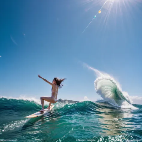 a Tiny surfer girl in white swimsuit,surfing,water splashing, joyous expressions, glistening tanline with ivory skin, playful waves, turbulent sea, powerful waves, (surfboard:1.1), acrobatic stunts, breathtaking moments, (intense determination:1.1), (fearl...