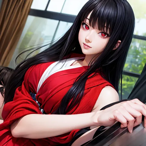 an anime girl with black hair and red eyes