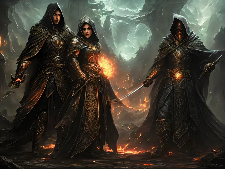 a man in a cloak holding a sword next to a woman in a cloak, abaddon and magali villeneuve, dark fantasy style art, dark fantasy concept art, ww 1 sith sorcerer, roleplaying game art, dark concept art, dark fantasy art, dark fantasy artwork, dark cinematic...