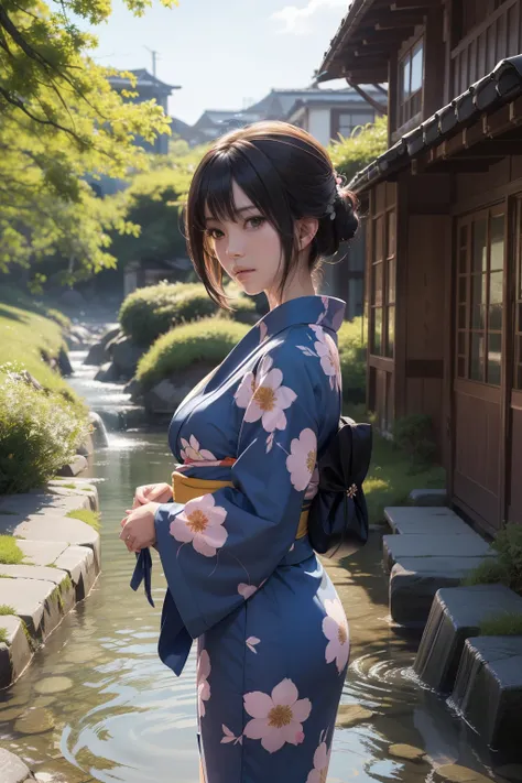 Makoto Shinkai and Ghibli Studio, Rofi, anime girl playing pleasantly in a beautiful stream in a yukata, old folk house, distant eyes, clearly outlined silhouette, sunny, summer, very detailed and incredible quality, trend, masterpiece, 8K high-resolution ...