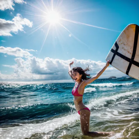 a Tiny surfer girl in white swimsuit,surfing,water splashing, joyous expressions, glistening tanline with ivory skin, playful waves, turbulent sea, powerful waves, (surfboard:1.1), acrobatic stunts, breathtaking moments, (intense determination:1.1), (fearl...